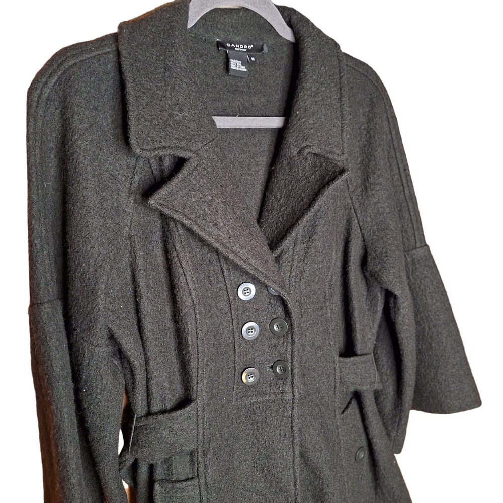 Sandro 100% Wool double breastfed bell sleeve peasant coat M dark forest green - Picture 3 of 4